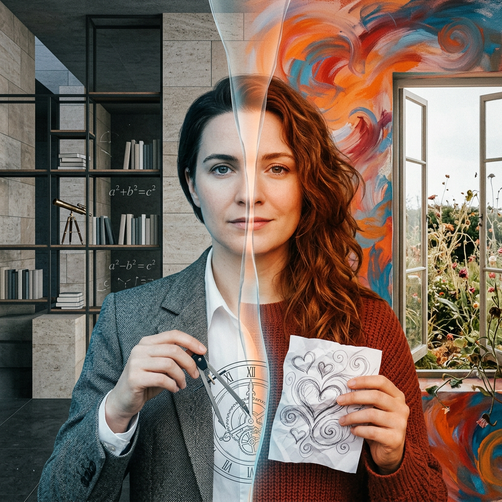 Woman holding a compass on one side and a drawing of hearts on the other, split between office and colorful artistic background
