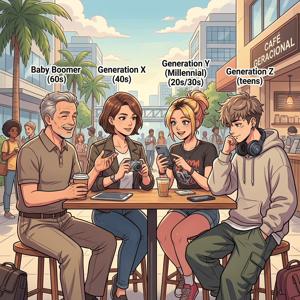 Four generations labeled Baby Boomer, Generation X, Generation Y, and Generation Z at a café
