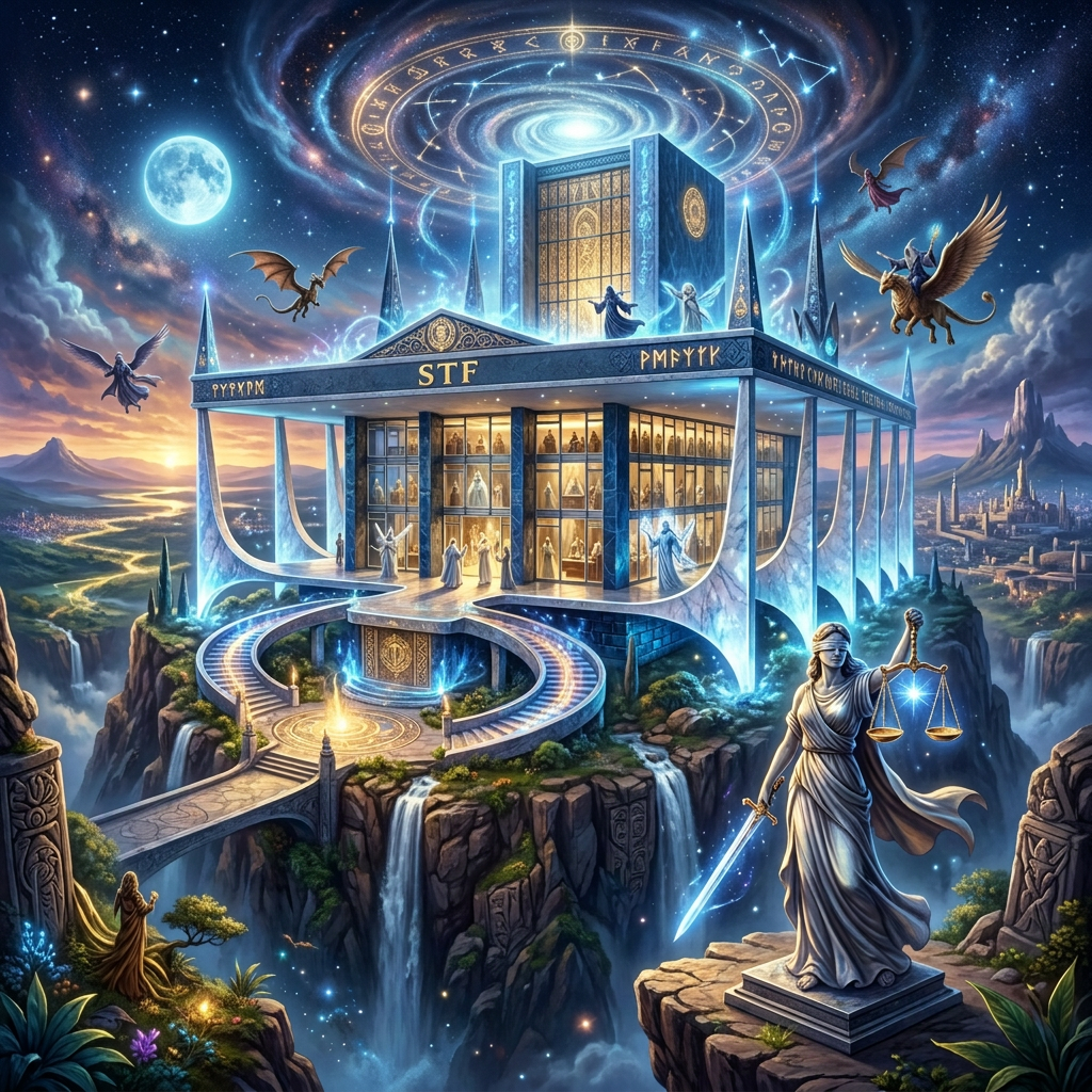 Fantasy courthouse labeled “SUPREMO TRIBUNAL FEDERAL” above waterfalls, with Lady Justice