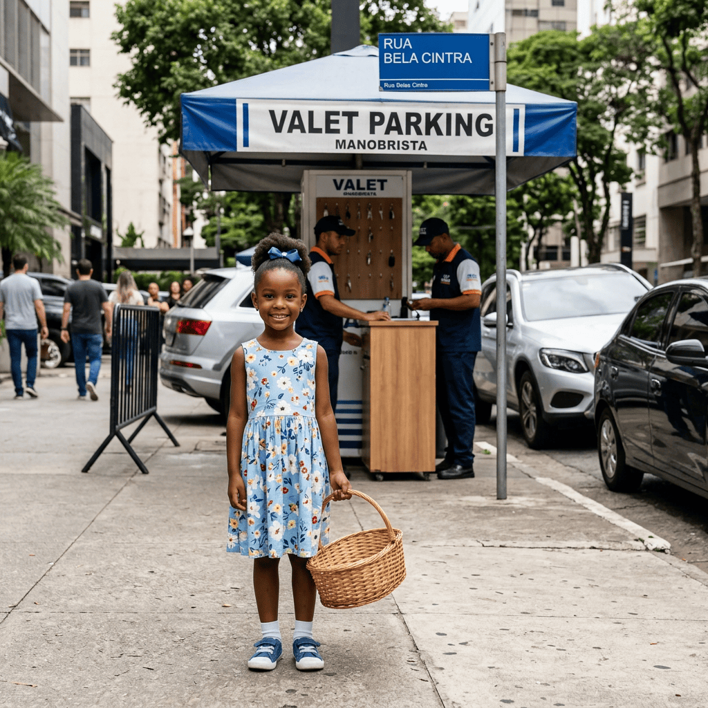 Menina negra com vestido azul e cestinha de vime